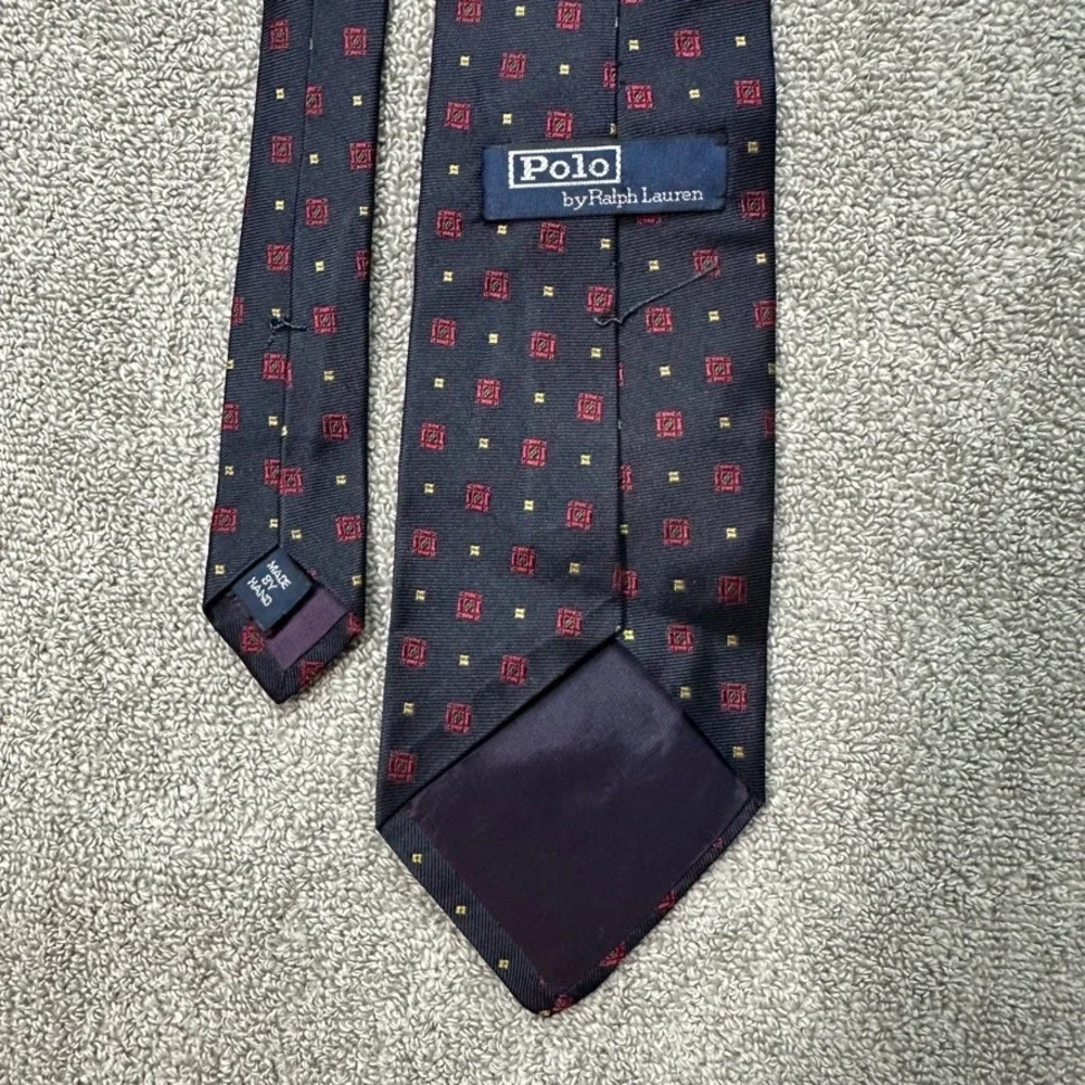 Polo Ralph Lauren Silk Tie Navy Blue Red Gold Geometric Medallion Hand Made
